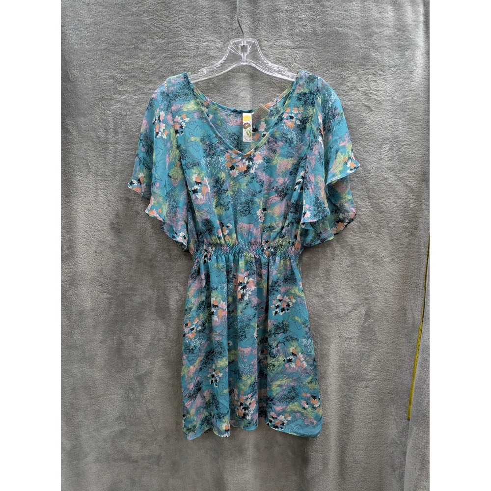 Sheer Tunic Juniors Large Teal Floral Flutter Sleeve Elastic Waist‎